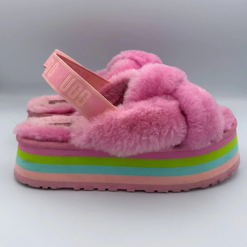 UGG Funkette Pink Platform Slingback Rainbow Sole Shearling Women's Size 9